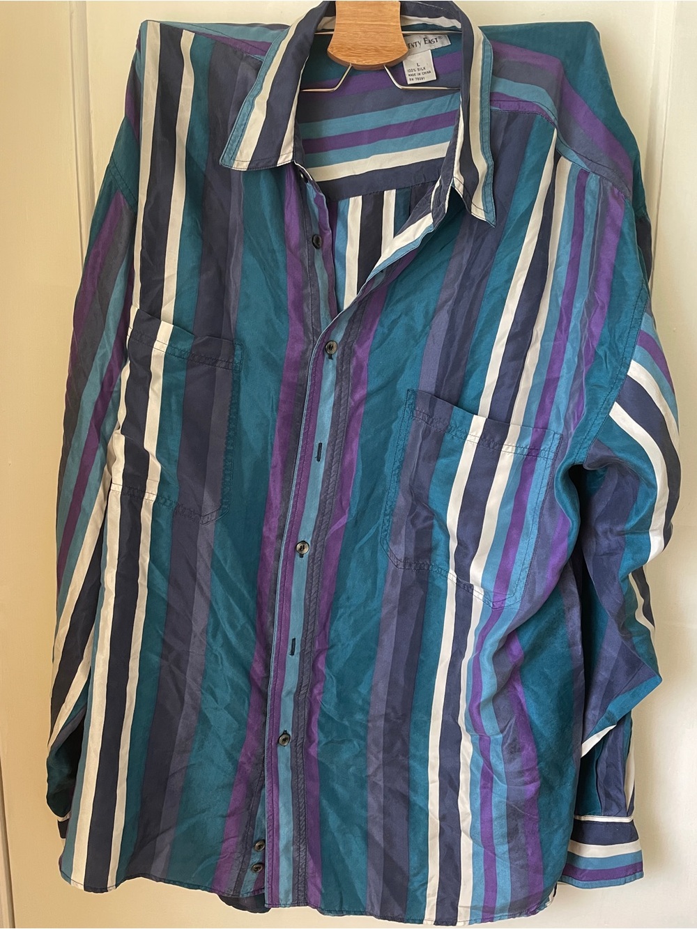 Striped Button-Up Silk Shirt in Teal, Navy & Purple